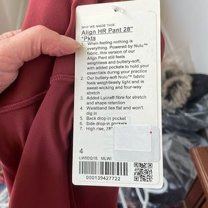 Lululemon Align Pockets Wine Nwt Sz4 28”
